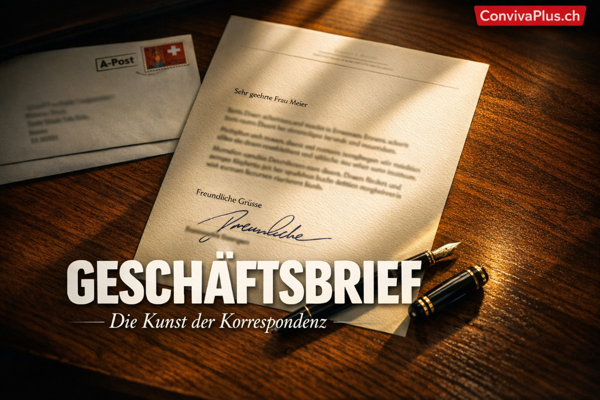 Perfekt formatierter Schweizer Gesch&auml;ftsbrief auf einem Schreibtisch mit allen Elementen sichtbar: Briefkopf mit Logo und Absenderadresse, korrekte Empf&auml;ngeradresse f&uuml;r Fensterkuvert, Datum, Betreff, Anrede ohne Komma, Textblock, Grussformel Freundliche Gr&uuml;sse, handschriftliche Unterschrift mit blauer Tinte, Namenszug.