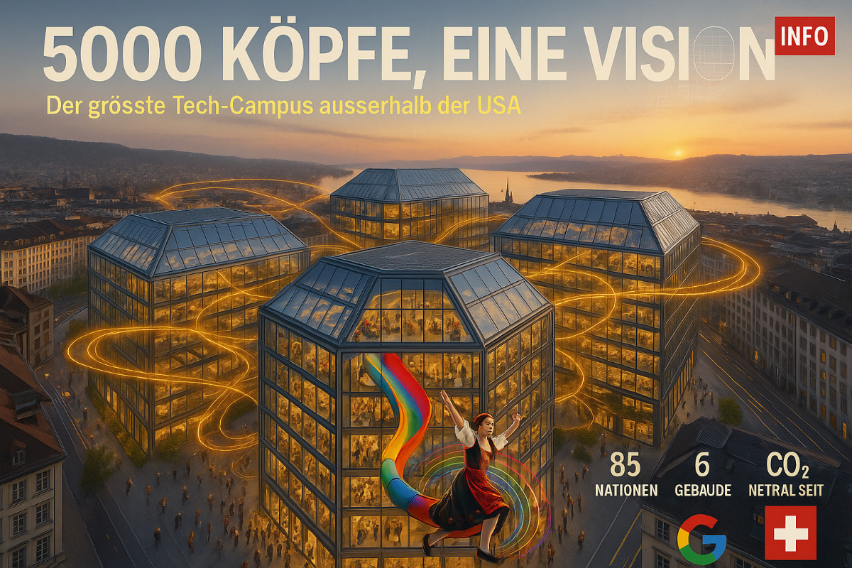 Google Campus Zürich an der Europaallee mit 6 Gebäuden und 5000 Mitarbeitern aus 85 Nationen. Der grösste Tech-Campus ausserhalb der USA zeigt die legendäre Rutschbahn, wo neue beim Freitags-Ritual s Vogellisi singend in den zweiten Stock rutschen. Die Co2-neutralen Gebäude werden mit Zürichsee-Wasser gekühlt und bieten Veloparkplätze und beherbergen die weltweite Youtube-Entwicklung und Google Maps Innovation. Schweizer Nachhaltigkeit trifft Silicon Valley