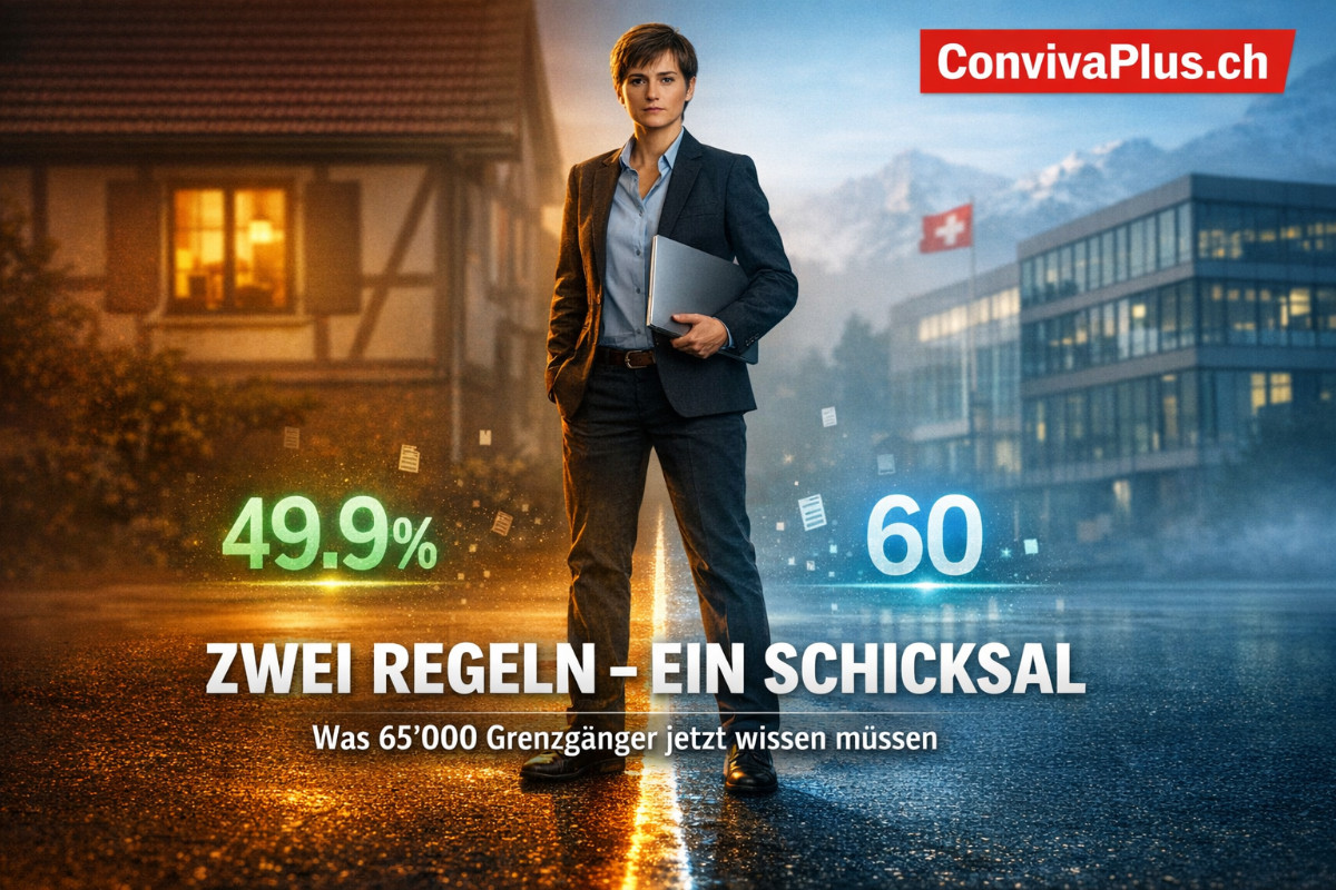 Grenzgänger steht auf deutsch-schweizerischer Grenzlinie mit Laptop - symbolische Darstellung der 49.9 Prozent Homeoffice-Regel und 60-Tage-Steuerregel. Geteilte Bildkomposition zeigt deutsches Homeoffice links und Schweizer Buerogebäude rechts. Rund 65000 deutsche Grenzgänger betroffen.