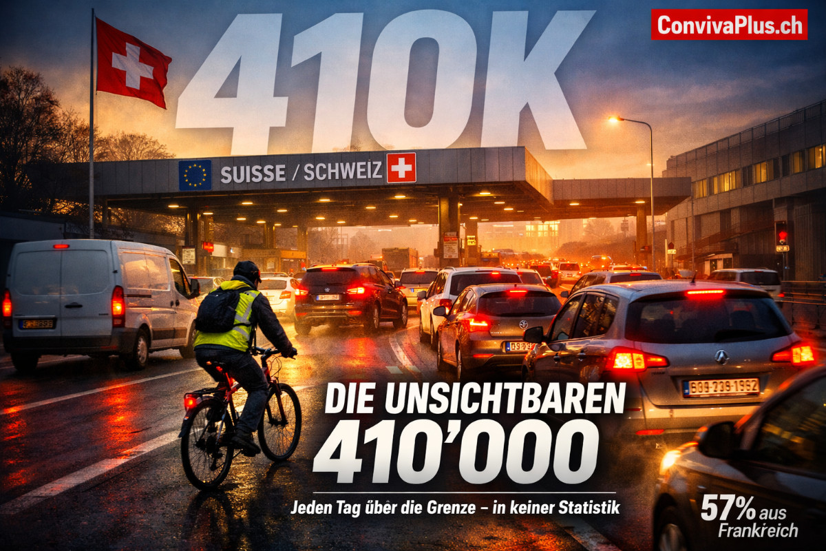 Grenzgänger Schweiz: 410000 Pendler täglich - Die unsichtbare Arbeitskraft | Frankreich Italien Deutschland | ConvivaPlus.ch Morgendlicher Berufsverkehr am Schweizer Grenzübergang: Lange Autoschlange mit französischen Kennzeichen strömt bei Sonnenaufgang in die Schweiz. Rund 410000 Grenzgänger pendeln täglich zur Arbeit - 57 Prozent davon aus Frankreich. Symbolbild für die unsichtbare Arbeitskraft der Schweizer Wirtschaft.
