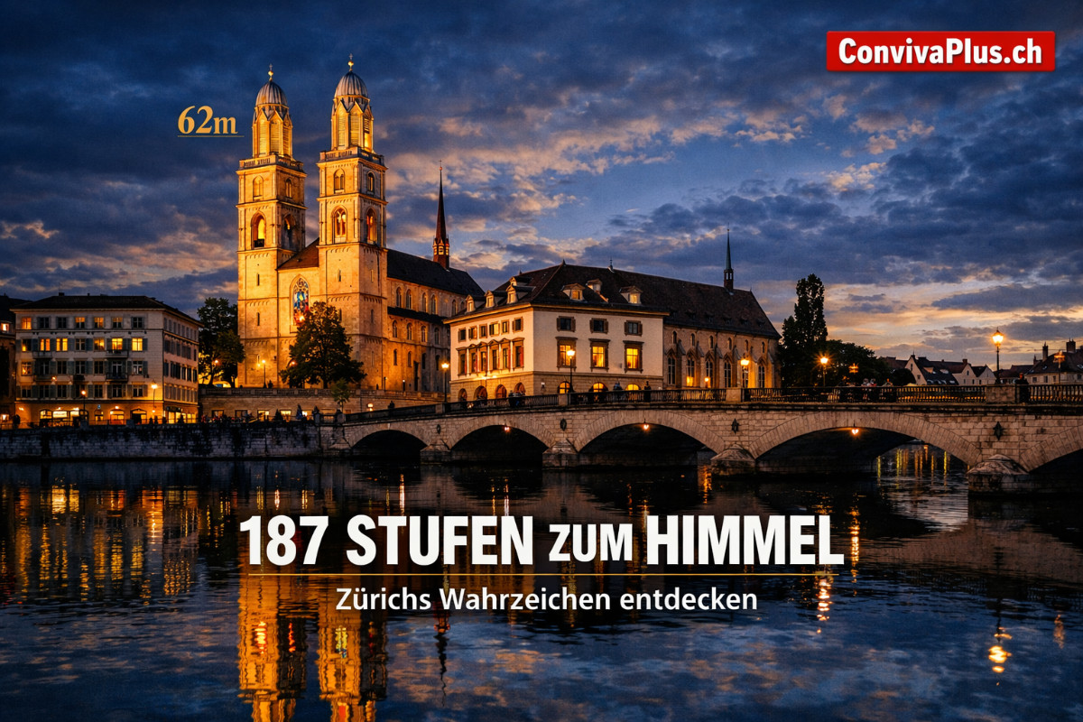 Das Grossmünster Zürich mit seinen markanten Doppeltürmen bei Abenddämmerung - die romanische Kirche aus dem 12. Jahrhundert spiegelt sich in der Limmat. 187 Stufen führen zur Aussichtsplattform auf 50 Metern Höhe. Die berühmten Polke-Achatfenster leuchten warm von innen. Wahrzeichen der Reformation und Ausgangspunkt von Zwinglis Wirken.