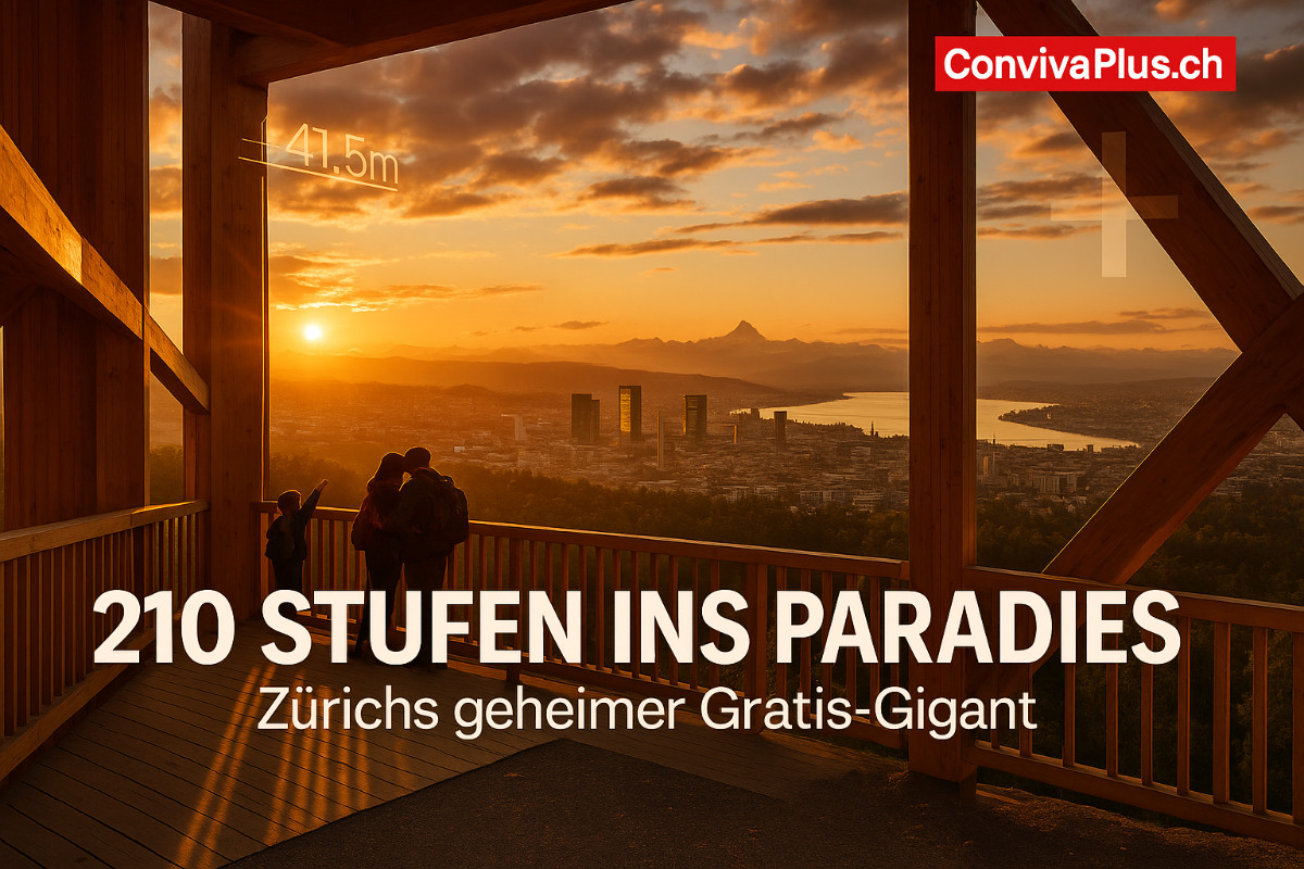 210 Stufen ins Paradies: Hardwald-Turm | 41,5m Höhe | Gratis-Aussichtspunkt | Zürich Panorama | ConvivaPlus.ch Hardwald-Turm Zürich: 41,5 Meter hoher Holz-Aussichtsturm mit 210 Stufen. Spektakulärer Panoramablick über Stadt, Zürichsee und Alpenkette. Kostenloser Geheimtipp seit 2022 zwischen Opfikon, Kloten und Wallisellen.