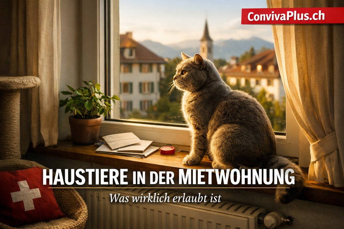 Haustiere in der Mietwohnung Schweiz: Katze am Fenster einer Mietwohnung | Was erlaubt ist | ConvivaPlus.ch Elegante Katze sitzt auf dem Fensterbrett einer gepflegten Schweizer Mietwohnung im warmen Nachmittagslicht - symbolisiert die Haustierhaltung im Mietrecht. Wohnungskatzen sind in der Schweiz grundsätzlich erlaubt.