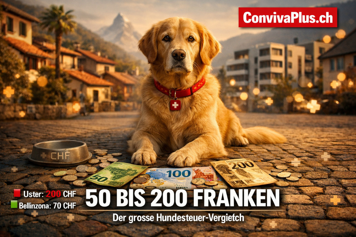 Golden Retriever auf Schweizer Dorfplatz umgeben von Schweizer Franken Banknoten und Muenzen. Symbolbild fuer Hundesteuer-Unterschiede zwischen Gemeinden von 50 bis 200 CHF pro Jahr. Hintergrund zeigt Kontrast zwischen Tessiner Dorf und Zuercher Vorort.