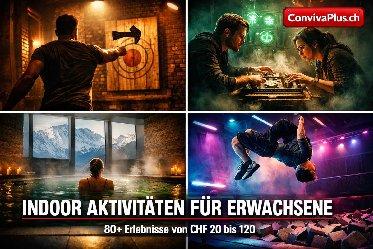 Indoor Aktivit&auml;ten f&uuml;r Erwachsene in der Schweiz: Vierteiliges Bild zeigt Axtwurf mit fliegender Axt, atmosph&auml;rischen Escape Room mit leuchtenden R&auml;tseln, luxuri&ouml;se Therme mit Alpenblick und dynamischen Trampolinpark mit Neonlichtern. 80 verschiedene Erlebnisse von CHF 20 bis 120.