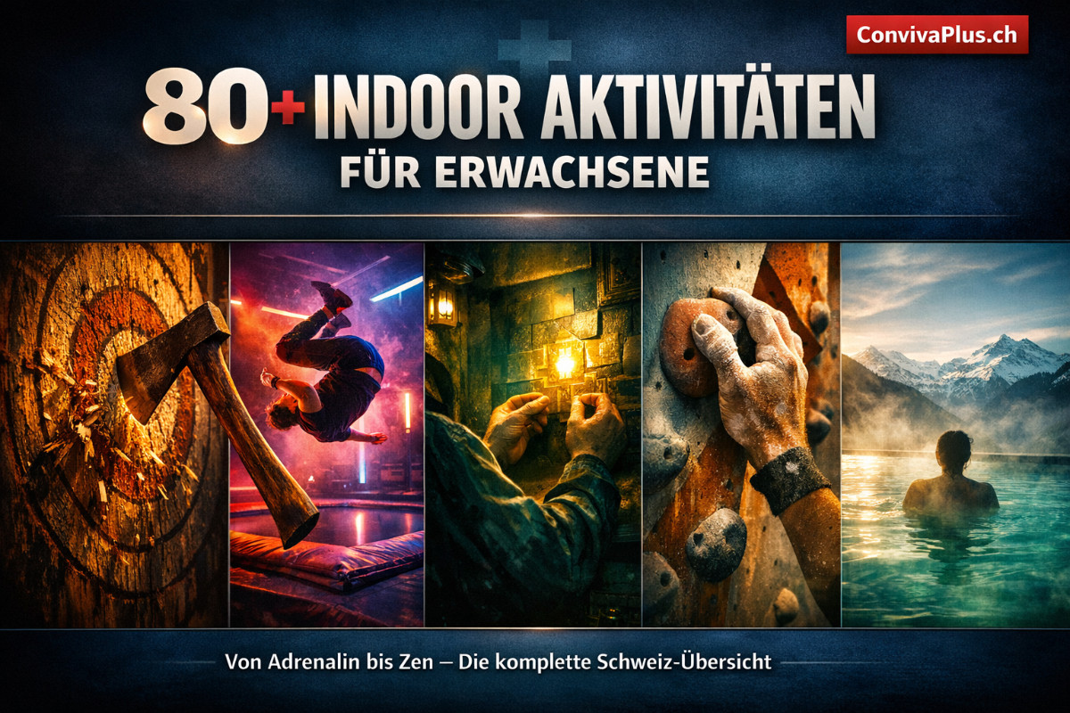 Indoor Aktivit&auml;ten f&uuml;r Erwachsene in der Schweiz - komplette &Uuml;bersicht: Sechsteilige Collage zeigt fliegende Axt kurz vor Einschlag, Escape Room mit leuchtendem R&auml;tsel, luxuri&ouml;se Therme mit Alpenblick, Trampolinpark-Salto in Neonlicht, T&ouml;pferh&auml;nde am Rad und VR-Brille mit virtueller Welt. 80+ Erlebnisse von Action bis Zen.