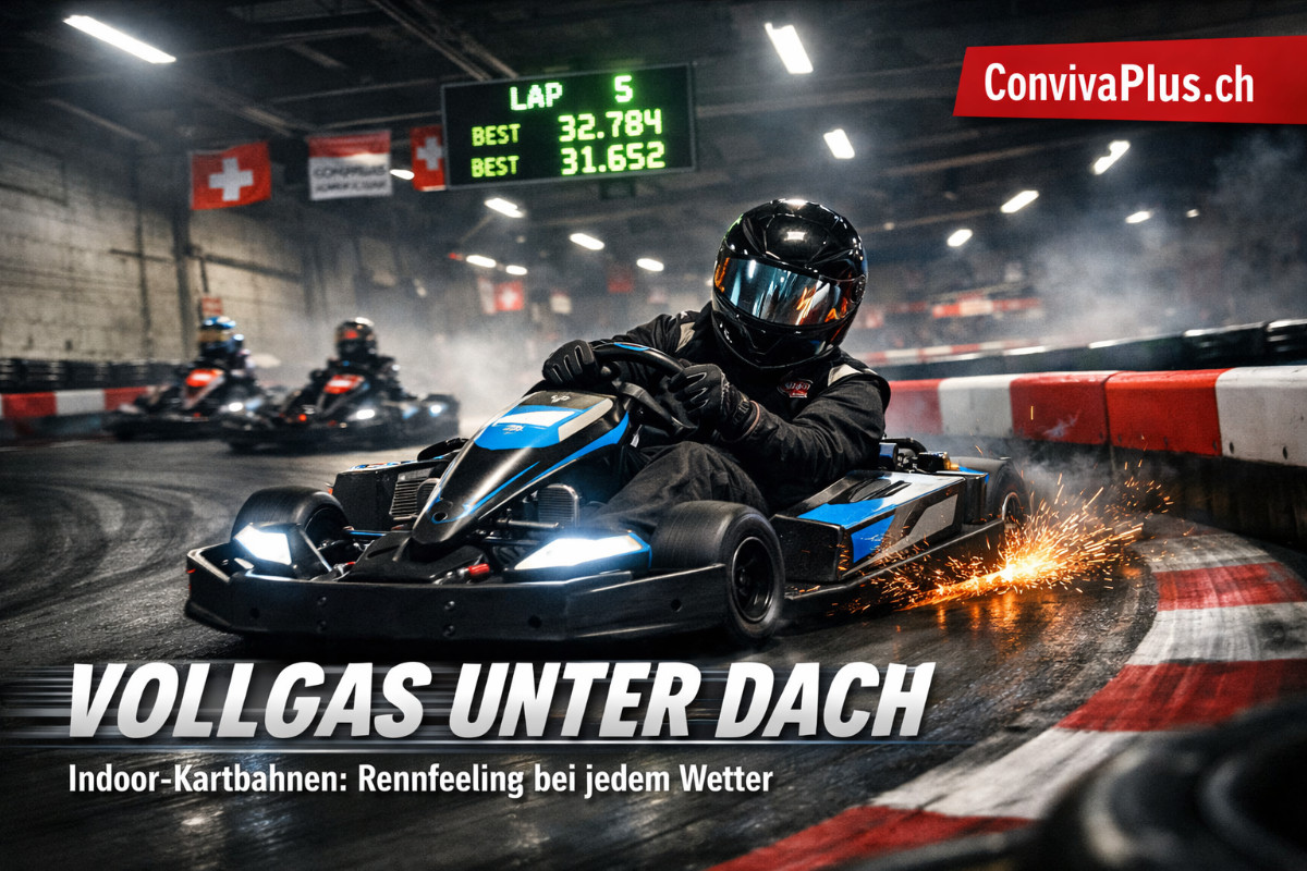 Indoor-Kartbahn in der Schweiz: Elektro-Kart driftet durch enge Kurve, Bewegungsunsch&auml;rfe zeigt Geschwindigkeit, Fahrer in voller Konzentration. Professionelle Rennstrecke mit rot-weissen Barrieren und LED-Zeitanzeigen.
