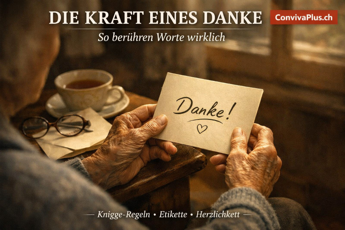 Bewegender Moment: &Auml;ltere H&auml;nde halten handgeschriebene Dankeskarte im warmen Fensterlicht. &Uuml;berschrift: Die Kraft eines Danke - So ber&uuml;hren Worte wirklich. Knigge-Regeln, Etikette, Herzlichkeit. Emotionale Dokumentarfotografie.