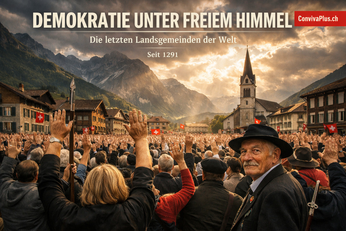 Landsgemeinde in der Schweiz: Hunderte B&uuml;rger versammelt auf historischem Dorfplatz mit erhobenen H&auml;nden zur Abstimmung - lebendige direkte Demokratie unter freiem Himmel mit Alpenpanorama und traditioneller Architektur im Hintergrund