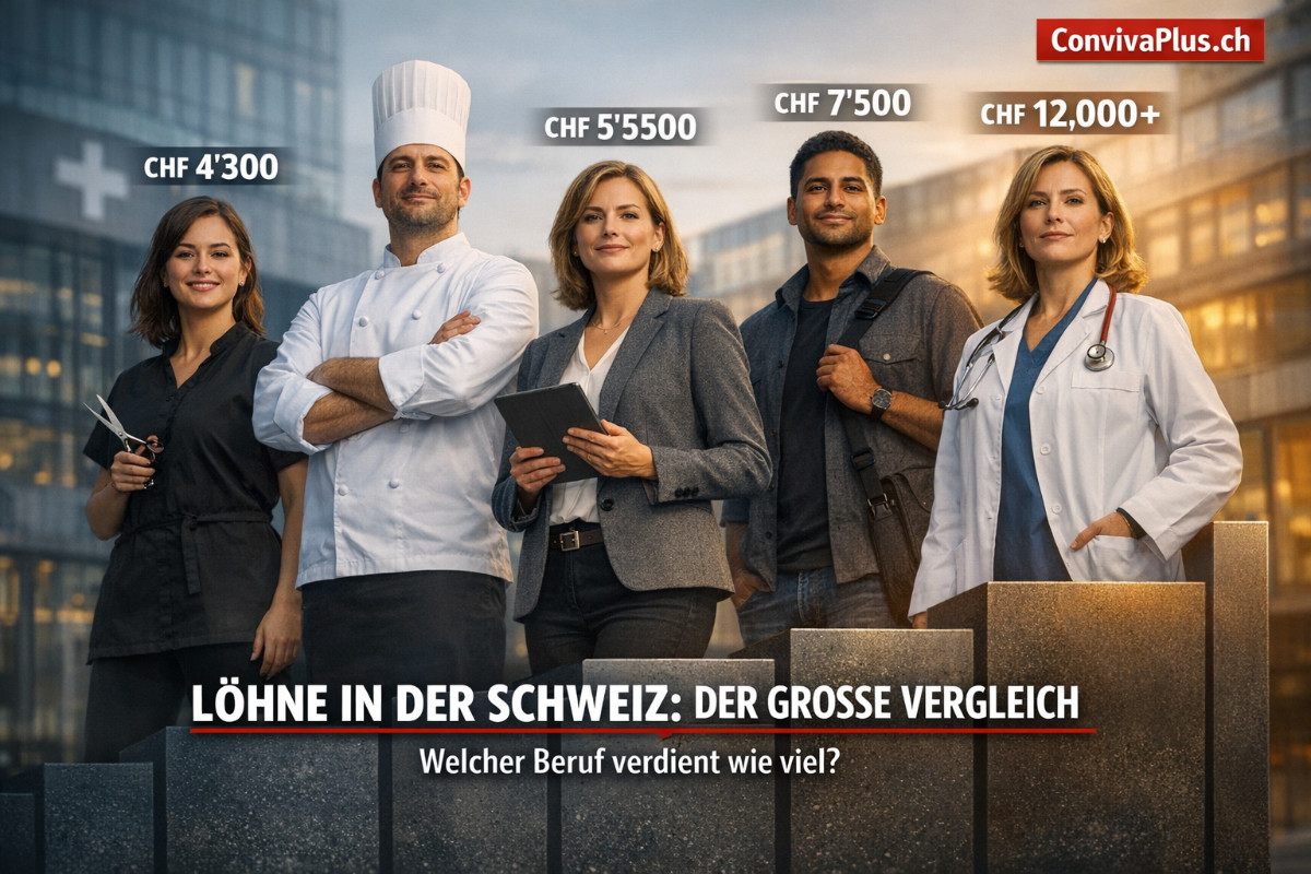 Löhne in der Schweiz: Der grosse Vergleich | Welcher Beruf verdient wie viel? | Gehälter von CHF 4'300 bis CHF 12'000+ | ConvivaPlus.ch Fünf Schweizer Berufstätige nebeneinander: Coiffeuse, Koch, Kauffrau, Informatiker und Ärztin mit ihren jeweiligen Medianlöhnen von CHF 4'300 bis über CHF 12'000. Visueller Gehaltsvergleich nach Berufen in der Schweiz.