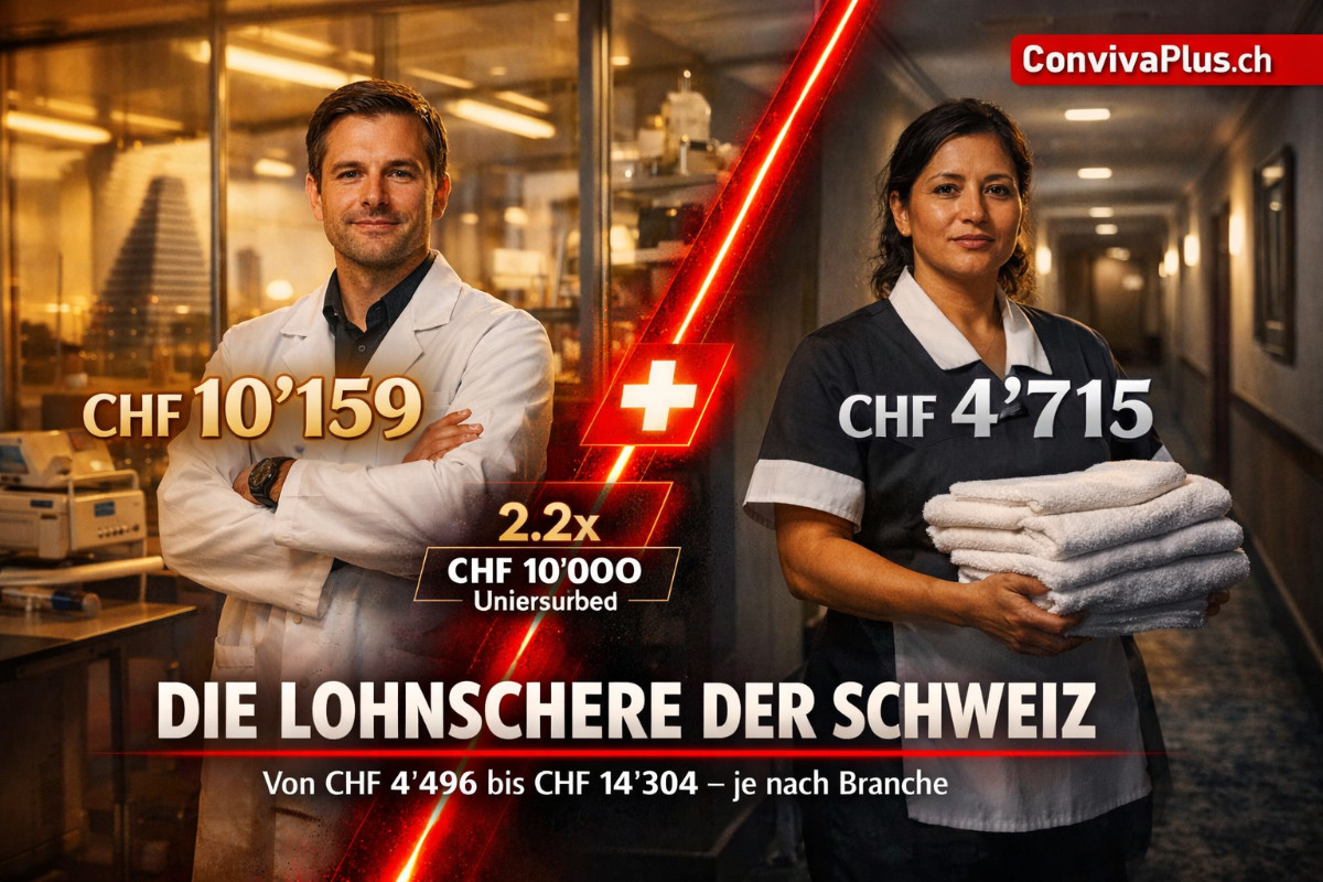 Lohnschere Schweiz: Der Branchenvergleich | Pharma vs. Gastgewerbe | Gehaltsunterschiede bis CHF 10'000/Monat | ConvivaPlus.ch Lohnschere Schweiz: Branchenvergleich zeigt extreme Unterschiede. Pharmaindustrie mit über CHF 10'000 Medianlohn versus Gastgewerbe mit unter CHF 5'000. Visuelle Darstellung der Gehaltsunterschiede zwischen Hochlohn- und Niedriglohnbranchen.