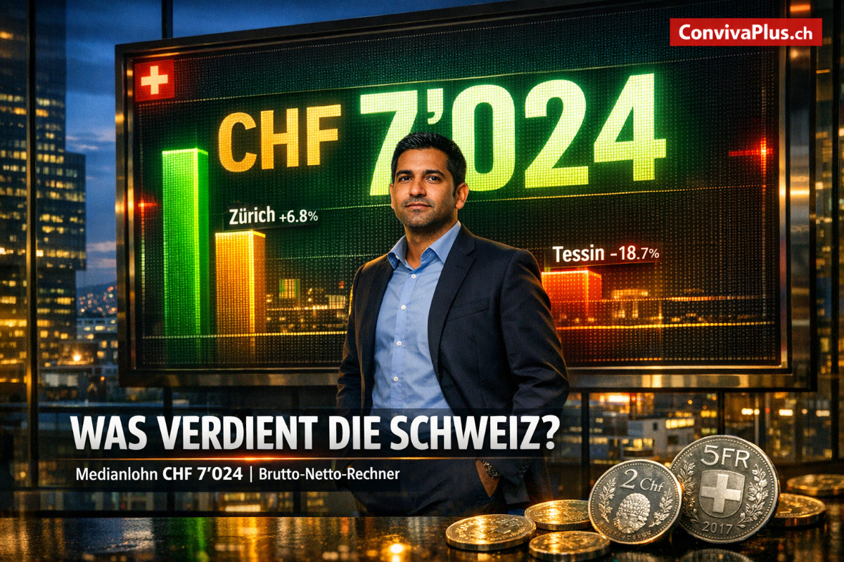 Medianlohn Schweiz CHF 7'024 | Brutto-Netto-Rechner | Lohnabzüge berechnen | ConvivaPlus.ch Schweizer Medianlohn CHF 7'024 brutto im Monat 2024. Interaktive Anzeige zum Brutto-Netto-Rechner. Berechnung der Sozialabzüge AHV, IV, EO, ALV und Pensionskasse für Arbeitnehmer in der Schweiz.