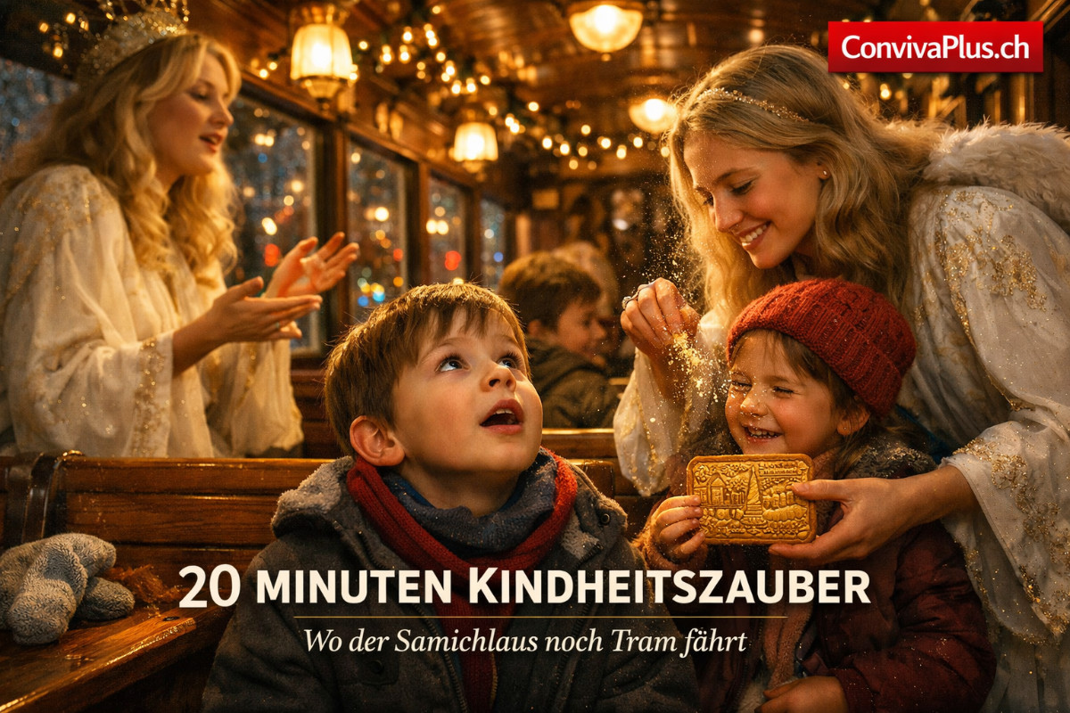 Kinder im Inneren des historischen Z&uuml;rcher M&auml;rlitrams erleben Weihnachtszauber. Zwei als Engel verkleidete Erz&auml;hlerinnen lesen M&auml;rchen vor und verteilen Tirggel-Honiggeb&auml;ck. Warmes Licht, staunende Kinderaugen und die Holzb&auml;nke des 110 Jahre alten Trams schaffen eine magische Atmosph&auml;re.