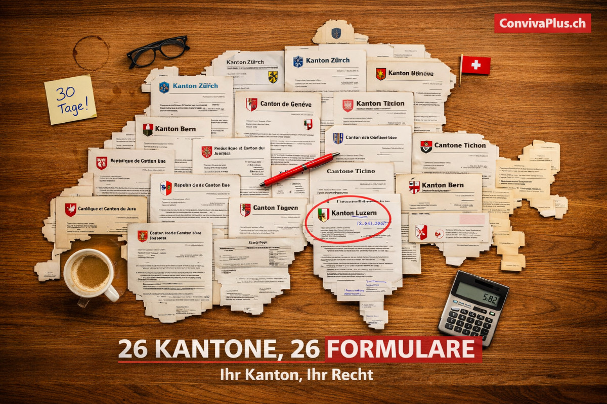 Mietzinserhöhung Formulare alle 26 Kantone Schweiz - Übersicht der amtlichen kantonalen Formulare | ConvivaPlus.ch Vogelperspektive auf 26 verschiedene kantonale Mietzinserhöhungs-Formulare die zusammen die Form der Schweiz bilden auf einem Holztisch arrangiert. Jedes Formular zeigt ein anderes Kantonswappen von Zürich bis Genf. Roter Kugelschreiber und Lesebrille als Accessoires. Visualisierung des Schweizer Föderalismus im Mietrecht.