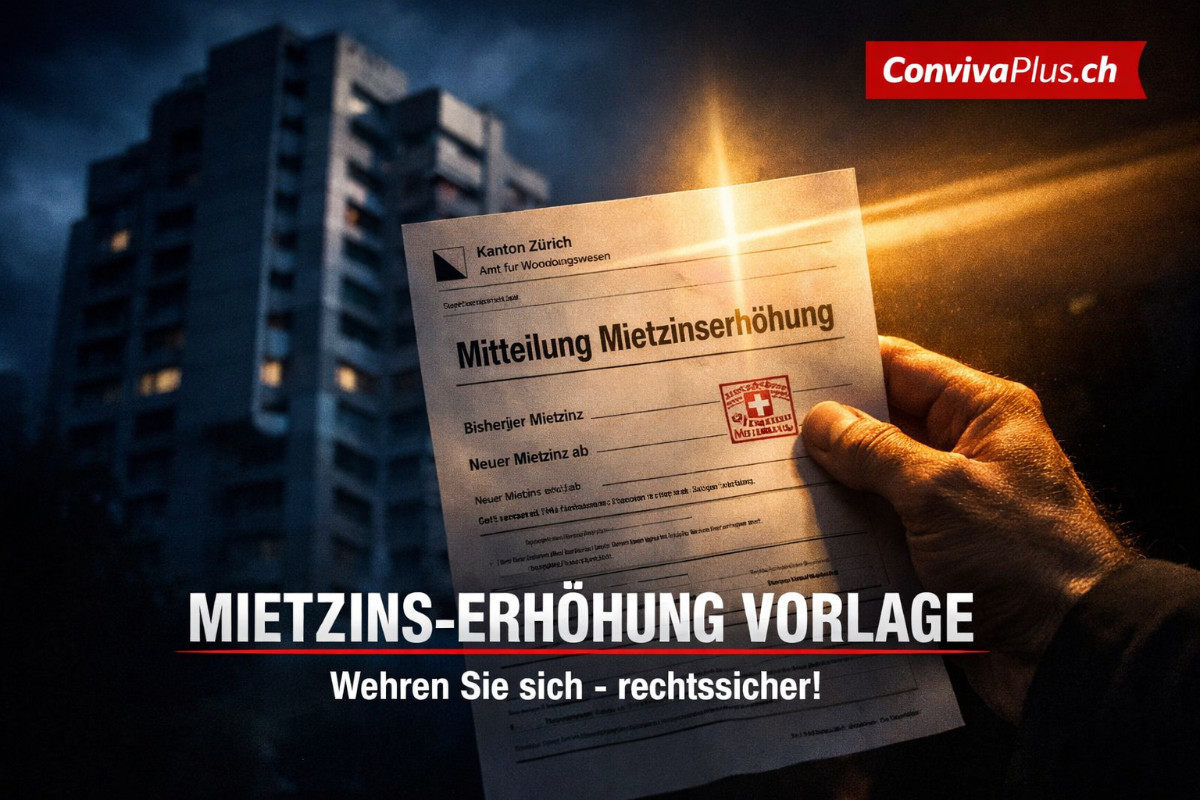 Mietzinserhöhung Vorlage Schweiz - Amtliches Formular für Mieter | Anfechtung und Musterbrief | ConvivaPlus.ch Dramatische Nahaufnahme einer Hand die ein amtliches Schweizer Mietzinserhöhungs-Formular hält, im Hintergrund ein imposanter Wohnblock in blauem Schatten - symbolisiert den Kampf der Mieter für ihre Rechte. Goldenes Licht durchbricht die Dunkelheit wie ein Zeichen der Hoffnung. Cinematische Legal-Drama Ästhetik.