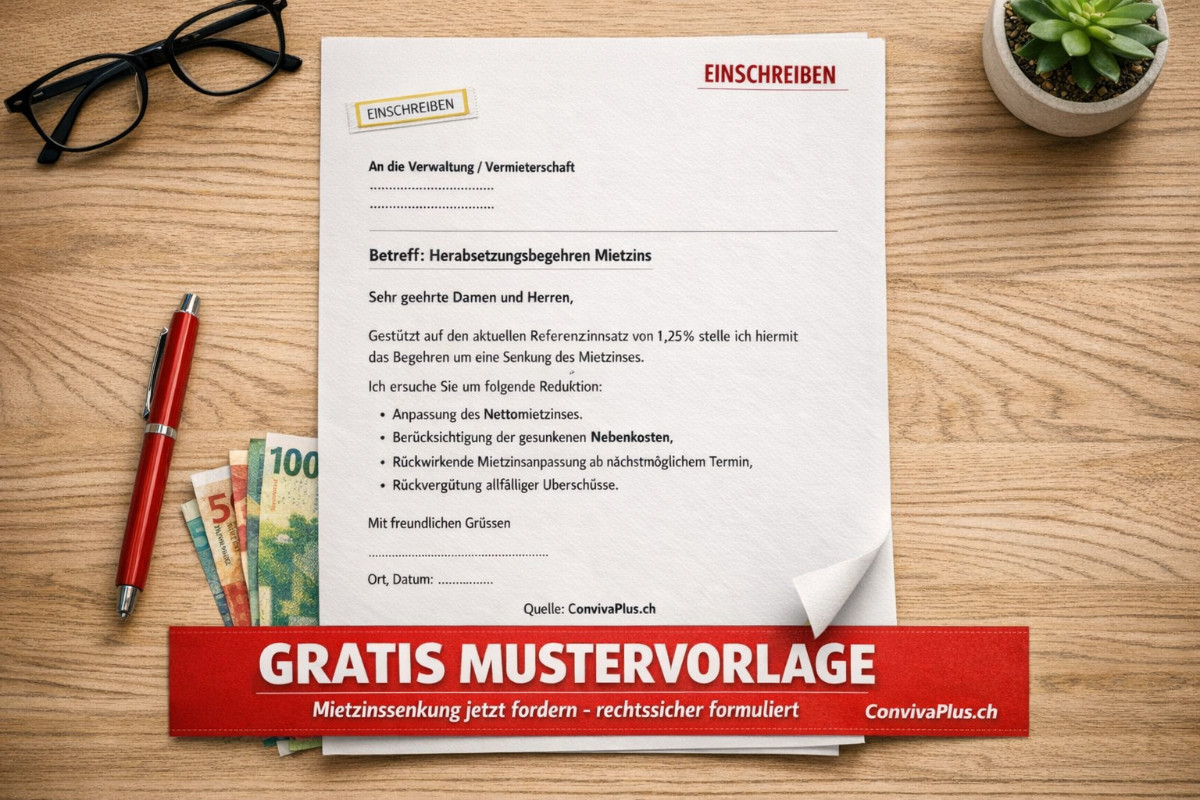 Mietzinssenkung Musterbrief Vorlage Gratis Download - Herabsetzungsbegehren Schweiz rechtssicher formuliert | ConvivaPlus.ch Professionelle Mustervorlage für ein Mietzinssenkungsbegehren auf hellem Schreibtisch mit rotem Kugelschreiber und Schweizer Franken-Noten. Gut lesbarer Musterbrief mit Betreff Herabsetzungsbegehren Mietzins. Roter Banner mit Aufschrift GRATIS MUSTERVORLAGE prominent sichtbar. ConvivaPlus.ch Branding.
