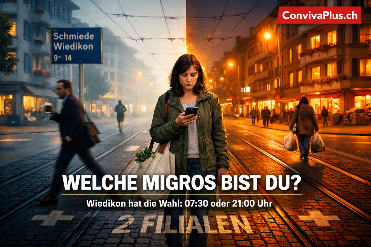 Stimmungsvolle Strassenszene in Z&uuml;rich-Wiedikon an der Birmensdorferstrasse mit Tramgleisen der Linien 9 und 14. Geteilte Morgend&auml;mmerung und Abendatmosph&auml;re symbolisieren die unterschiedlichen &Ouml;ffnungszeiten der beiden Migros-Filialen. Frau mit Einkaufstasche pr&uuml;ft ihr Smartphone. Typische Schweizer Quartier-Architektur im Hintergrund.