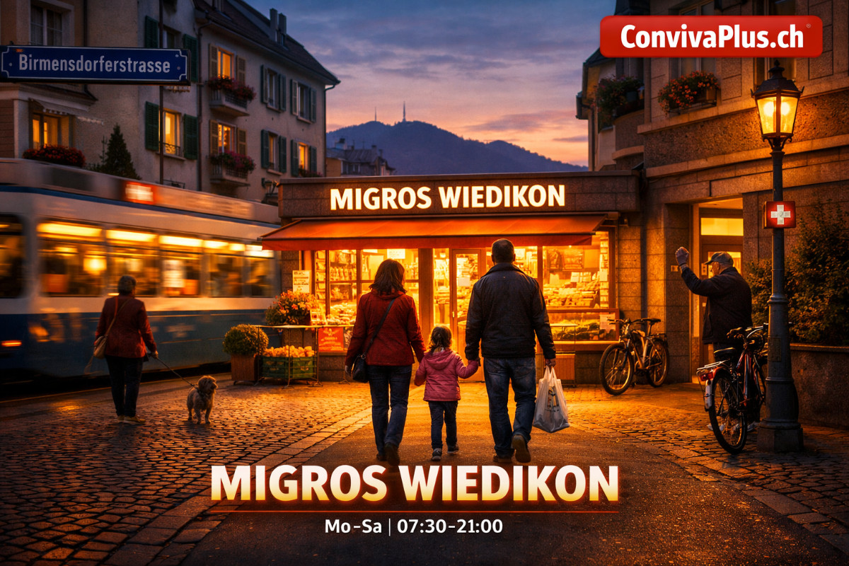 Stimmungsvolle Abendszene im Z&uuml;rcher Quartier Wiedikon mit warmem orangefarbenem Licht eines Lebensmittelgesch&auml;fts an der Birmensdorferstrasse. Schweizer Familie auf dem Weg zum Einkaufen, im Hintergrund typische Wiedikon-Architektur und Tramgleise. Uetliberg-Silhouette am Horizont.