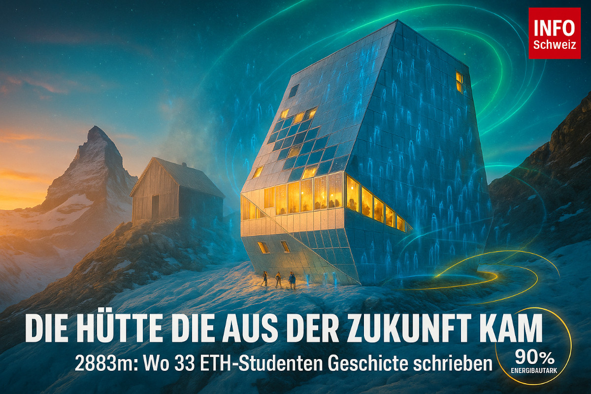 Die futuristische Monte Rosa Hütte der ETH Zürich glänzt wie ein silberner Kristall auf 2883 Metern Höhe am Gornergletscher. Das fünfstöckige Hightech-Gebäude mit Aluminiumfassade und Photovoltaik-Anlage produziert 90% seiner Energie selbst und wurde von 33 ETH-Architekturstudenten entworfen. Im Hintergrund das Matterhorn bei dramatischem Sonnenaufgang.