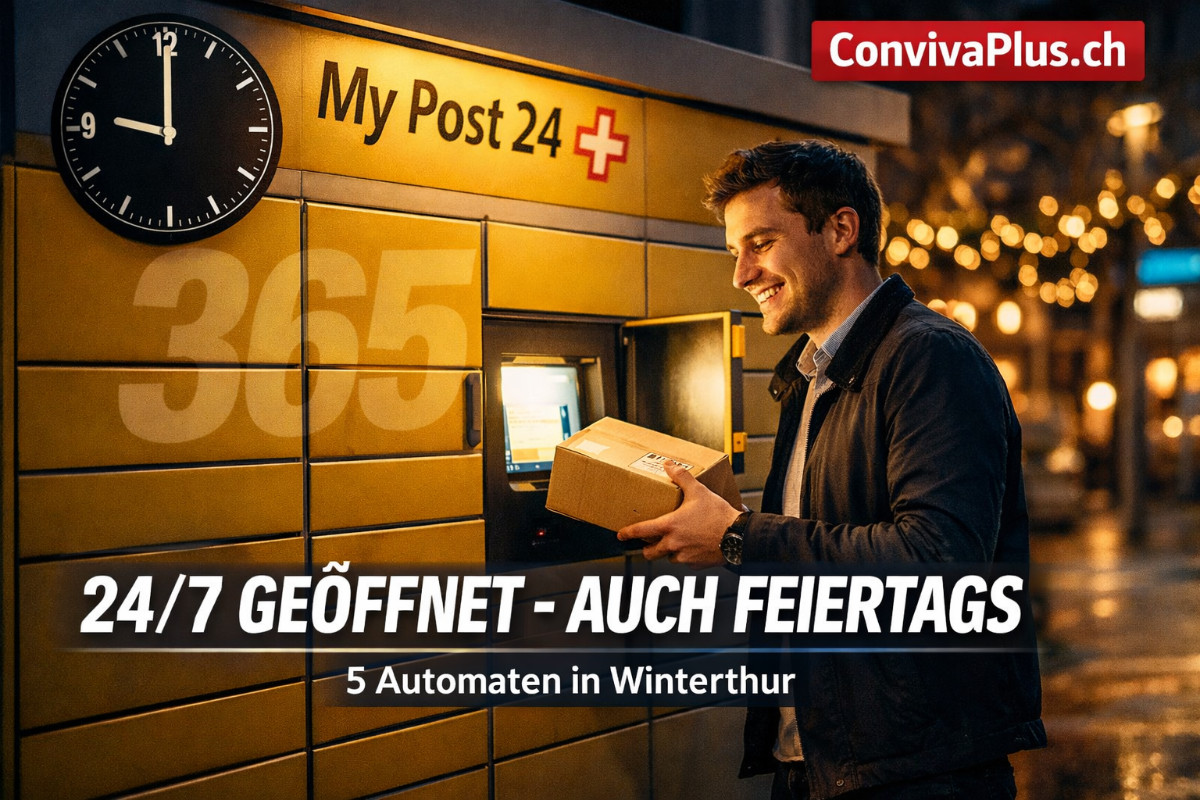 Mann holt abends Paket am My Post 24 Automaten in Winterthur ab - die Selbstbedienungsautomaten der Schweizer Post sind rund um die Uhr und an 365 Tagen im Jahr zug&auml;nglich. F&uuml;nf Standorte in Winterthur: Bahnhof, Schlosstal, T&ouml;ss, Deutweg und Gr&uuml;zemarkt.