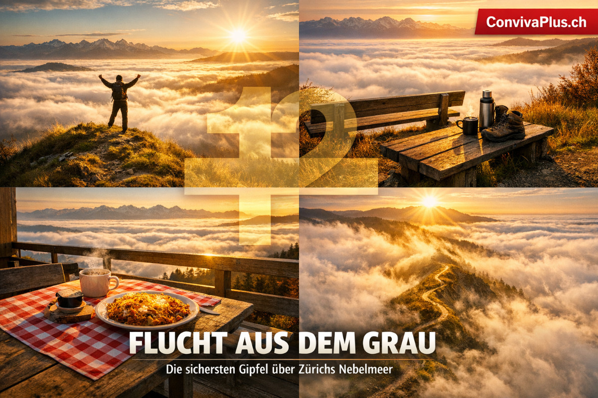 Collage mit vier Nebelmeer-Aussichtspunkten im Z&uuml;rcher Oberland: Wanderer auf dem Schnebelhorn-Gipfel &uuml;ber endlosem Nebelmeer, gem&uuml;tliche Aussichtsbank am H&ouml;rnli, rustikale Bergwirtschaft-Terrasse mit R&ouml;sti &uuml;ber den Wolken, und dramatischer Wanderweg der aus dem Nebel ins Sonnenlicht f&uuml;hrt. Die 12 sichersten Fluchtpunkte aus dem grauen Mittelland.