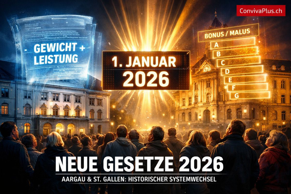 Infografik neue Autosteuer-Gesetze 2026 in Aargau und St. Gallen mit Vergleich alte vs neue Berechnungsmethode und Beispielrechnungen