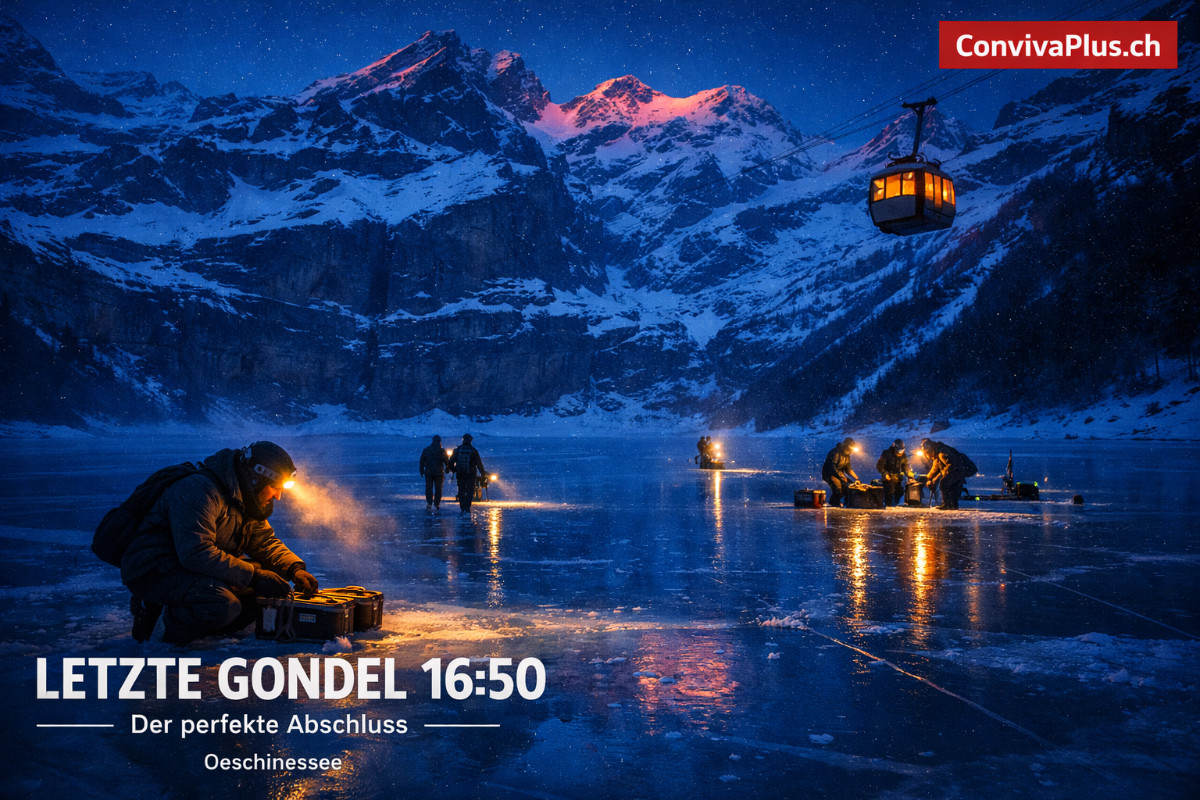 Blaue Stunde am Oeschinensee: Eisfischer mit Stirnlampen bei Dämmerung | Letzte Gondel 16:50 | Kandersteg Winterabend | ConvivaPlus.ch Eisfischer packen bei Dämmerung auf dem gefrorenen Oeschinensee zusammen. Stirnlampen erzeugen warme Lichtspuren auf dem blauen Eis während die letzte Gondel im Hintergrund zur Bergstation aufsteigt. Das Blüemlisalpmassiv zeigt letzte Spuren von Alpenglühen. Blaue Stunde über dem UNESCO-Welterbe-See bei Kandersteg mit dramatischem Farbkontrast zwischen warmem Kunstlicht und kalter Dämmerung.