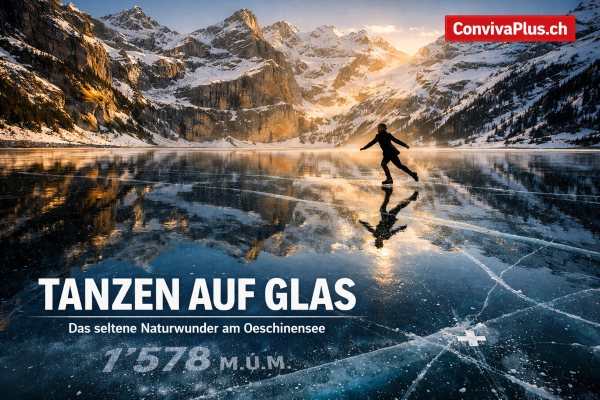 Kristallklares Schwarzeis auf dem Oeschinensee bei Kandersteg auf 1578 m Hoehe. Eislaeuferin gleitet ueber die spiegelnde Naturflaeche mit Blick auf das Bluemlisalp-Massiv im UNESCO-Welterbe Swiss Alps Jungfrau-Aletsch. Seltenes Naturphaenomen das nur bei idealen Winterbedingungen entsteht.