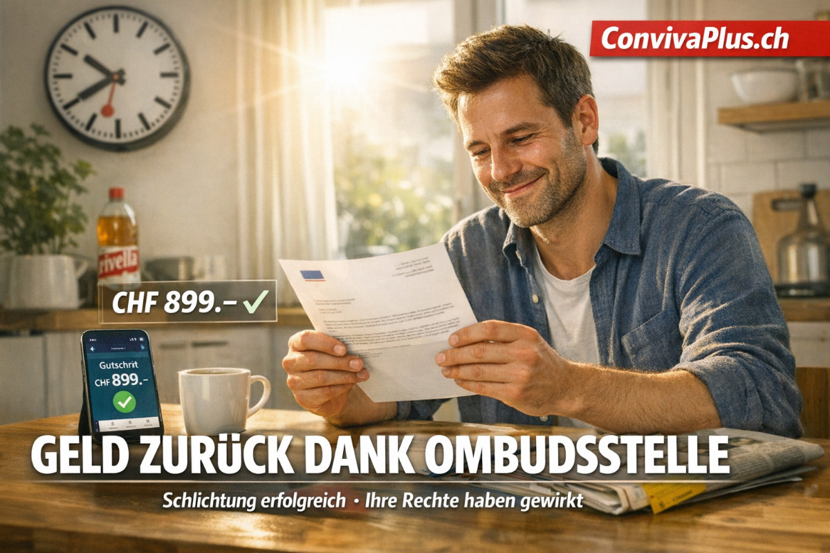 Fr&ouml;hliche Person zeigt Schweizer Franken-Noten nach erfolgreicher Schlichtung. Symbolbild f&uuml;r Geld zur&uuml;ck durch Ombudsstelle. Im Hintergrund modernes Wohnzimmer, warmes Licht, Handy auf dem Tisch zeigt Best&auml;tigungs-E-Mail.