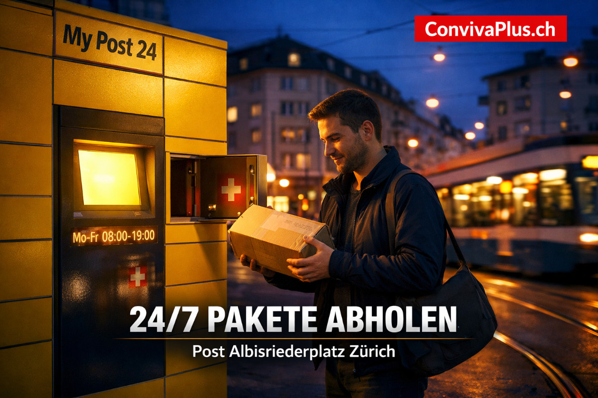 My Post 24 Automat am Albisriederplatz Z&uuml;rich bei Abendd&auml;mmerung. Eine Person holt ein Paket ab, im Hintergrund f&auml;hrt ein Z&uuml;rcher Tram vorbei. Der gelb leuchtende Automat ist rund um die Uhr zug&auml;nglich &ndash; auch an Sonn- und Feiertagen. Post Filiale 8040 Z&uuml;rich Sihlfeld.