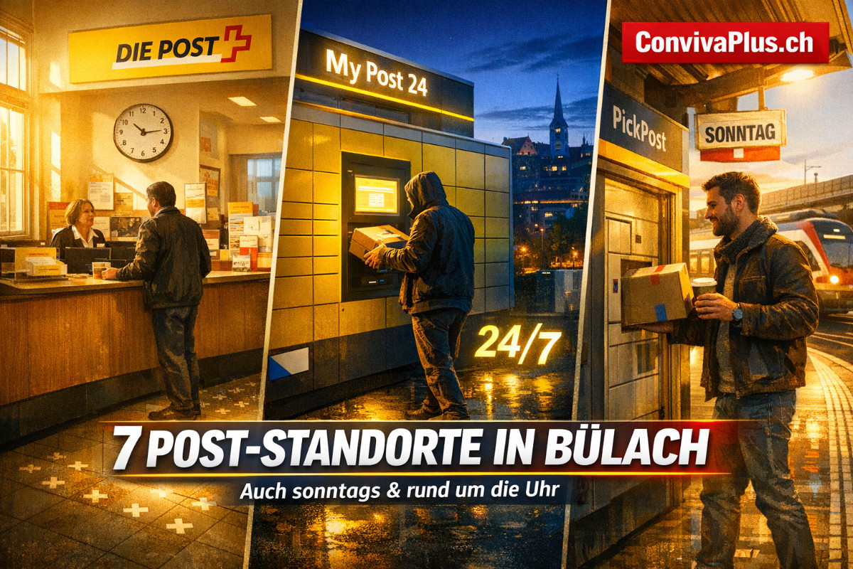 Übersicht der 7 Post-Standorte in Bülach im Zürcher Unterland: Hauptfiliale an der Alten Winterthurerstrasse, My Post 24 Automaten mit 24/7-Zugang, und PickPost am Bahnhof mit Sonntagsöffnung. Visualisierung der verschiedenen Abholmöglichkeiten für über 24'500 Einwohner.