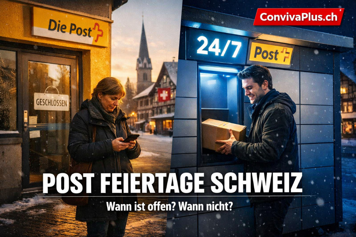 Schweizer Post Feiertage: Links geschlossene Postfiliale mit entt&auml;uschter Kundin, rechts beleuchteter My Post 24-Automat mit zufriedenem Nutzer. Winterliche Schweizer Dorfkulisse bei Sonnenuntergang zeigt den Kontrast zwischen traditionellem Service und 24/7-L&ouml;sung an Feiertagen.