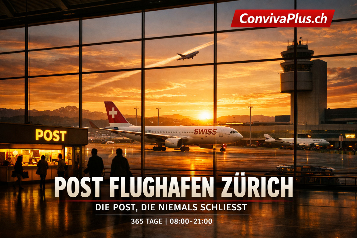 Spektakul&auml;rer Blick auf den Flughafen Z&uuml;rich bei Sonnenuntergang: Swiss-Flugzeuge auf dem Rollfeld, Alpen-Silhouette am Horizont, leuchtende Post-Filiale im Terminal. Die einzige Schweizer Post mit 365 Tagen Betrieb von 08:00 bis 21:00 Uhr.
