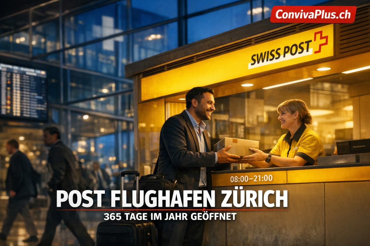 Post am Flughafen Z&uuml;rich bei Abendbeleuchtung: Gesch&auml;ftsreisender holt Paket am Swiss Post Schalter ab. Die Filiale im Airport Shopping Kloten ist 365 Tage im Jahr von 08:00 bis 21:00 Uhr ge&ouml;ffnet - die l&auml;ngsten &Ouml;ffnungszeiten aller Schweizer Postfilialen.
