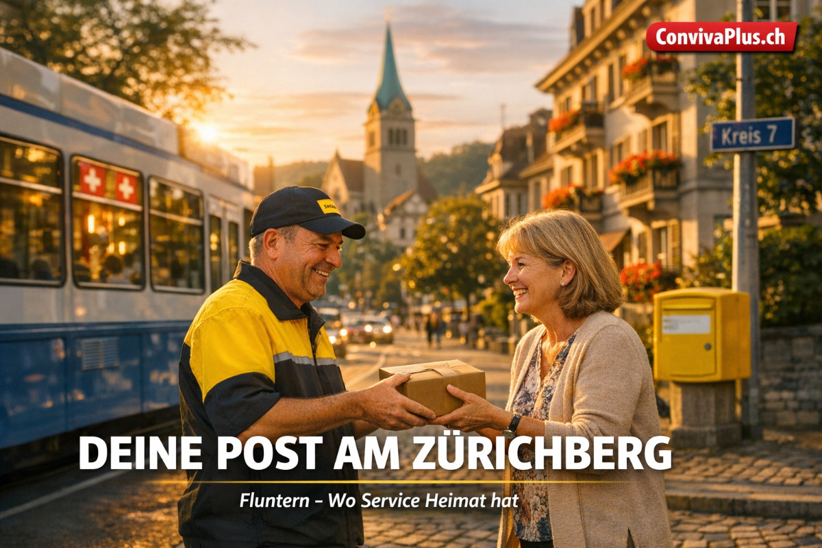 Strassenszene in Z&uuml;rich-Fluntern bei Abendsonne: Postmitarbeiterin in gelbem Swiss-Post-Outfit &uuml;bergibt Paket an Kundin, im Hintergrund Kirche Fluntern und Tram 6, warme Quartierstimmung am Z&uuml;richberg mit Titel Deine Post am Z&uuml;richberg