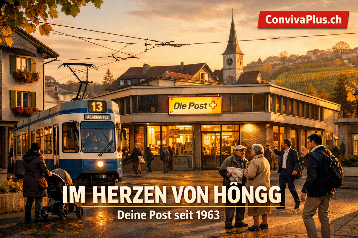 Die Post H&ouml;ngg an der Gsteigstrasse 8 im Herzen des Z&uuml;rcher Quartiers H&ouml;ngg am Meierhofplatz. Tram 13 verbindet das traditionsreiche Quartier mit der Stadt. Seit 1963 ist die Postfiliale am heutigen Standort - ein St&uuml;ck H&ouml;ngger Identit&auml;t im Kreis 10.