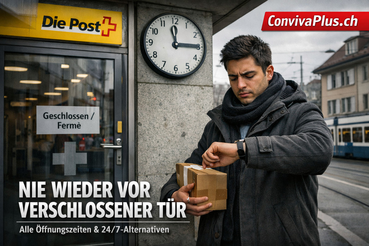 Frustrierte Person mit Paket vor geschlossener Post H&ouml;ngg w&auml;hrend der Mittagspause in Z&uuml;rich Kreis 10. Uhr zeigt 12:15 Uhr - die ber&uuml;chtigte Schliesszeit zwischen 12:00 und 13:45 Uhr. Typische Alltagsszene im Quartier H&ouml;ngg am Meierhofplatz.