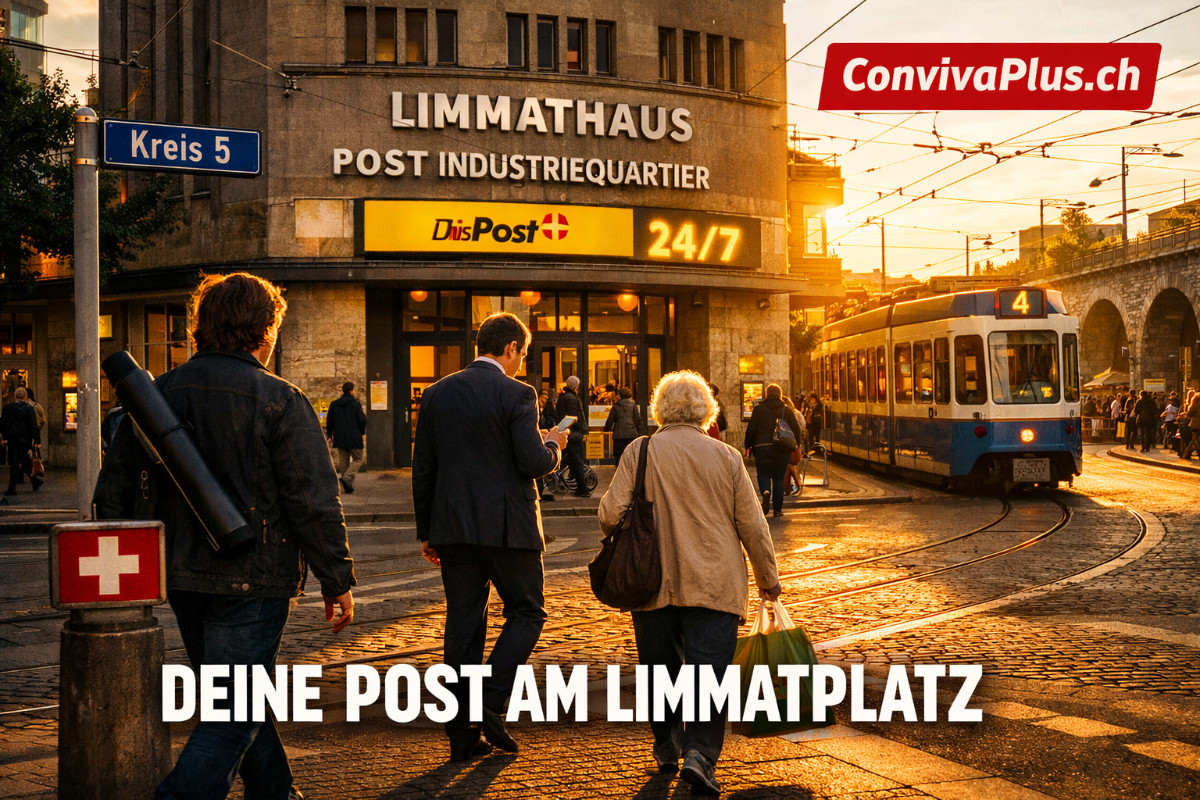 Post Industriequartier Zürich | Limmatplatz Kreis 5 | Deine Quartier-Post | ConvivaPlus.ch Post Industriequartier Zürich am Limmatplatz: Historisches Limmathaus mit Schweizer Post-Filiale, Quartierbewohner im Kreis 5, Tram 4 im Hintergrund bei Abendlicht. Urbanes Zürich West mit 24/7 My Post Service.