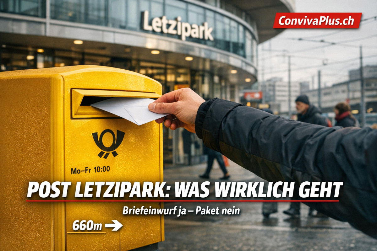 Post Letzipark Zürich: Briefeinwurf mit Leerung Mo-Fr 10:00 | Nächste Filiale Post Altstetten 660m | ConvivaPlus.ch Gelber Briefeinwurf der Schweizerischen Post im Einkaufszentrum Letzipark Zürich Altstetten. Hand wirft Brief ein. Moderne urbane Schweizer Einkaufsatmosphäre mit Glasfassaden. Die nächste vollständige Postfiliale Post Altstetten ist nur 660 Meter entfernt. Leerung Montag bis Freitag um 10:00 Uhr.