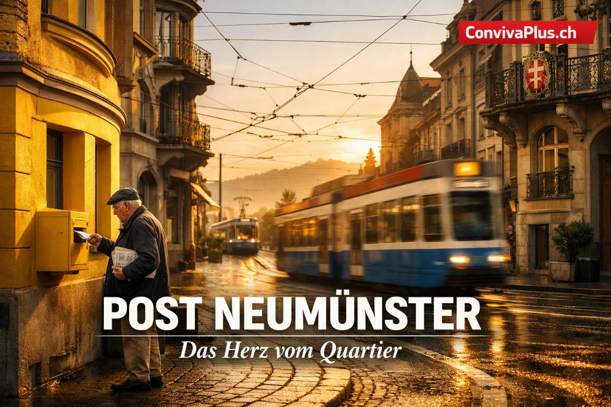 Post Neum&uuml;nster Z&uuml;rich an der Forchstrasse im Morgenlicht mit vorbeifahrendem Tram und lokalem Anwohner am Briefkasten. Das charakteristische Schweizer Post-Gelb dominiert die Szene im eleganten Quartier Z&uuml;rich 8008. Die Vollfiliale mit My Post 24 Automat ist das Herzst&uuml;ck des Seefeld-Viertels.