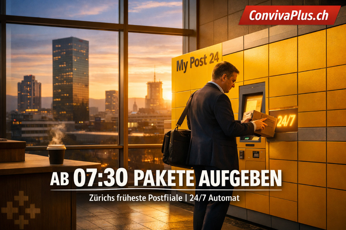 Post Oerlikon Z&uuml;rich mit My Post 24 Automat im Morgenlicht. Pendler nutzt den 24/7-Service vor Arbeitsbeginn. Die Filiale an der Baumackerstrasse 46 &ouml;ffnet bereits um 07:30 Uhr - fr&uuml;her als die meisten Postfilialen in Z&uuml;rich. Im Hintergrund die Skyline von Z&uuml;rich Nord.