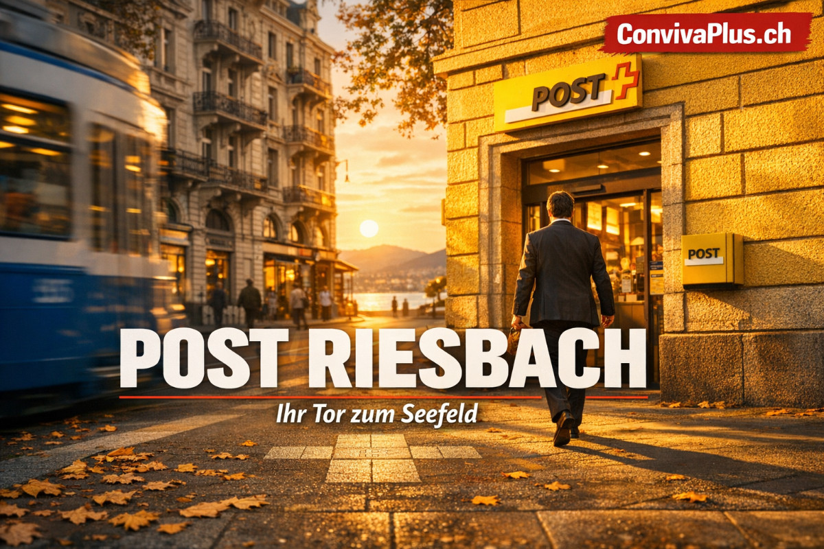 Post Riesbach an der Seefeldstrasse 128 in Z&uuml;rich bei Sonnenuntergang. Elegante Seefeld-Architektur mit Tram 15 im Vordergrund. Schweizer Post-Filiale im gehobenen Kreis 8 mit Blick auf den Z&uuml;richsee. ConvivaPlus.ch Visualization.