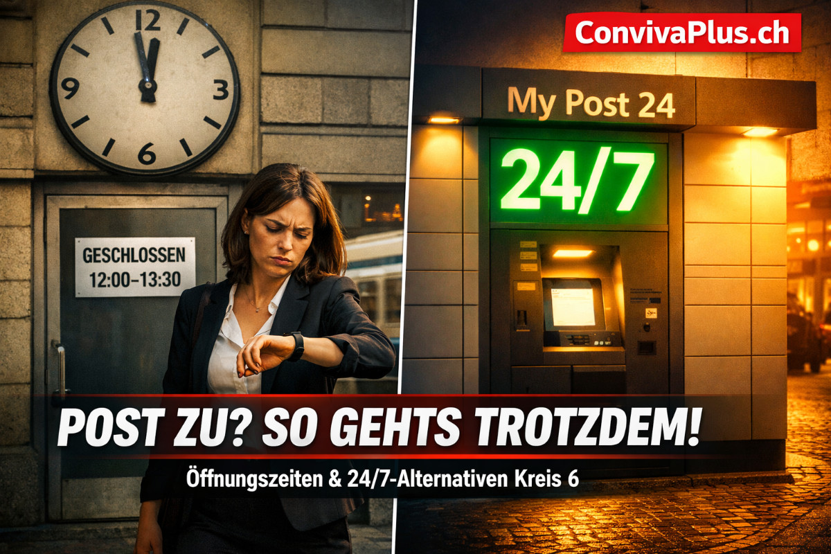 Postfiliale Schaffhauserplatz Z&uuml;rich mit Mittagspausen-Schild und My Post 24 Automat als Alternative. Frau pr&uuml;ft Uhr vor geschlossener T&uuml;r. Kreis 6 Z&uuml;rich mit Tram im Hintergrund. Praktischer Service-Guide f&uuml;r Postbesuche.