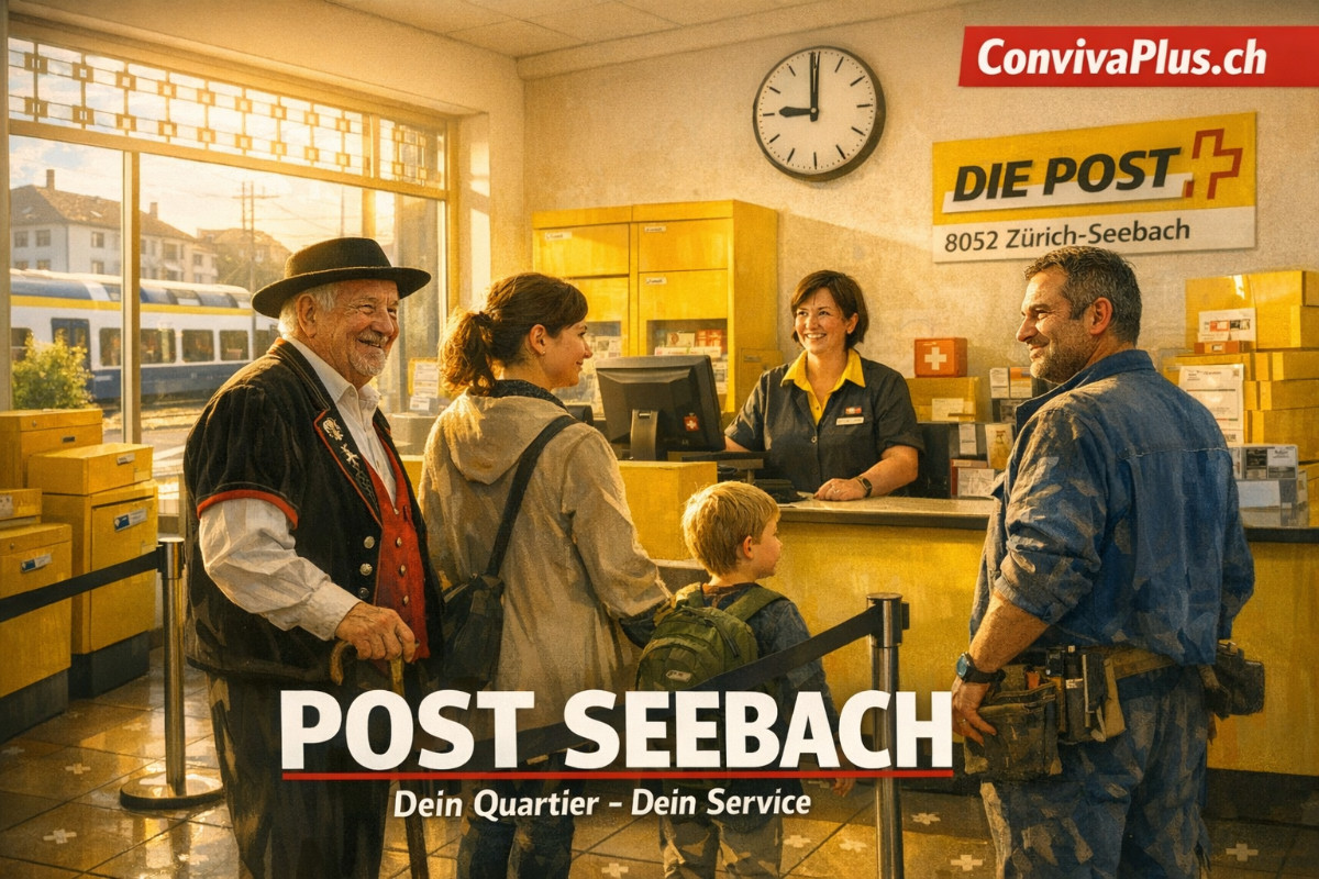 Post Seebach Filiale in Z&uuml;rich Kreis 11 mit Quartierbewohnern am Schalter. Typisch schweizerische Postfiliale mit gelben PostFinance-Schaltern und freundlicher Atmosph&auml;re. Lokalpatriotismus und Nachbarschaftsgef&uuml;hl im Z&uuml;rcher Quartier Seebach.