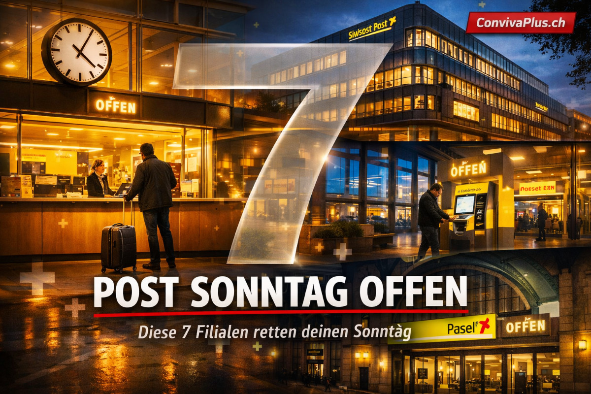 Post Sonntag offen Schweiz - Alle 7 Filialen mit Sonntagsöffnung | Zürich, Bern, Basel, Luzern, Lausanne | ConvivaPlus.ch Übersicht der 7 Schweizer Postfilialen mit Sonntagsöffnung: Post Flughafen Zürich, Zürich HB, Sihlpost, PostParc Bern, Basel SBB, Luzern Hauptpost und Lausanne. Collage zeigt moderne Postschalter und Bahnhofsarchitektur bei Abendstimmung.