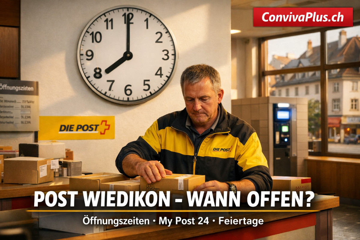 Moderne Post-Filiale Wiedikon in Z&uuml;rich mit offenen Schaltern und freundlichem Service. Helle, renovierte R&auml;umlichkeiten mit grosser Uhr zeigt &Ouml;ffnungszeit 08:00 Uhr. My Post 24 Automat im Hintergrund. Swiss Post Design mit warmer Atmosph&auml;re im Z&uuml;rcher Quartier.
