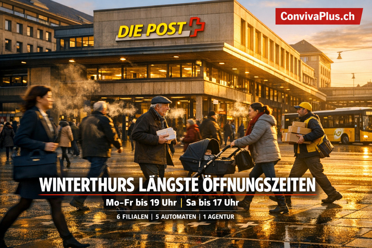 Hauptpost Winterthur am Bahnhofplatz bei Sonnenuntergang mit Passanten - die zentrale Postfiliale bietet die l&auml;ngsten &Ouml;ffnungszeiten der Stadt: Montag bis Freitag 08:30 bis 19:00 Uhr, Samstag 08:30 bis 17:00 Uhr. Winterthur verf&uuml;gt &uuml;ber sechs Filialen, f&uuml;nf My Post 24 Automaten und eine Postagentur.