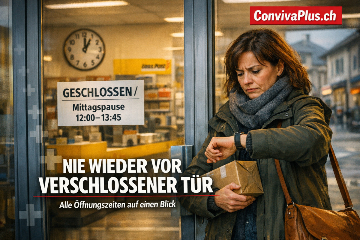 Frustrierte Frau steht vor geschlossener Postfiliale in Winterthur w&auml;hrend der Mittagspause - Schild zeigt Geschlossen 12:00 bis 13:45 Uhr. Praktischer Ratgeber zu allen &Ouml;ffnungszeiten der Post Winterthur mit Hauptpost Bahnhof, Quartierfilialen und My Post 24 Automaten.