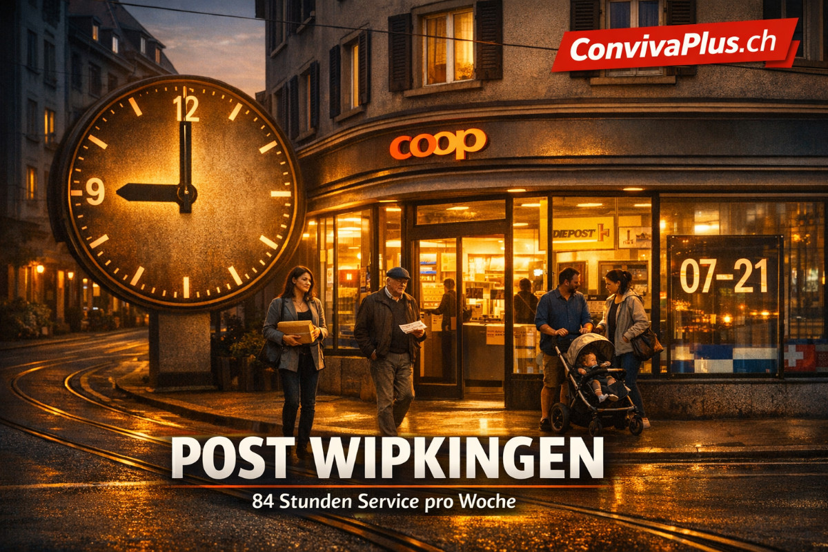 Post Wipkingen im Coop Scheffelstrasse bei Abendd&auml;mmerung - Z&uuml;richs l&auml;ngste Post&ouml;ffnungszeiten mit 84 Stunden Service pro Woche. Lokale Quartierbewohner vor dem beleuchteten Eingang, Uhr zeigt 21:00 Uhr Schlusszeit. Typische Wipkinger Strassenszene mit Tramgleisen und traditioneller Architektur im Kreis 10.