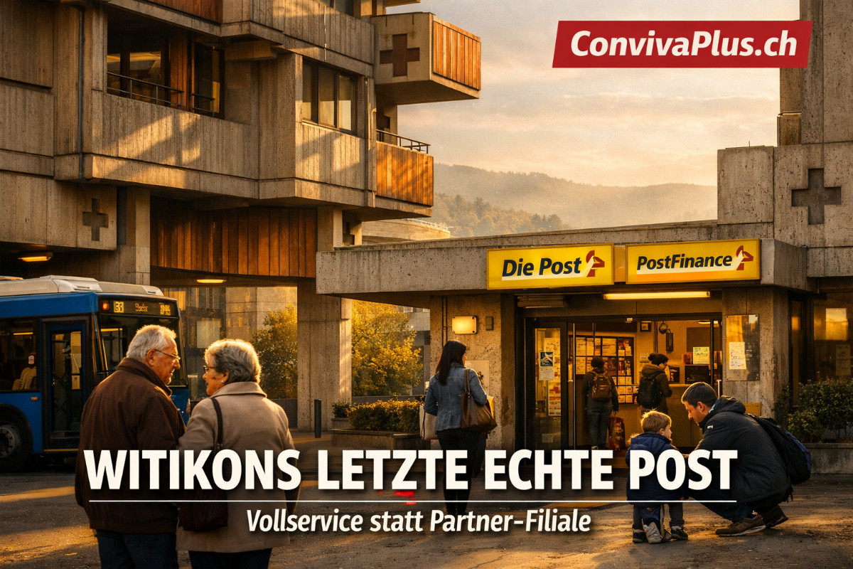 Post Witikon - Letzte echte Postfiliale im Kreis 7 | Vollservice mit EUR und Auslandszahlungen | Zentrum Witikon | ConvivaPlus.ch Post Witikon im denkmalgeschützten Zentrum Witikon - eine der letzten vollständigen Postfilialen Zürichs mit allen Services. Brutalistischer Sichtbeton der 1970er-Architektur, warmes Nachmittagslicht, lokale Quartierbewohner vor dem Eingang der Schweizerischen Post.